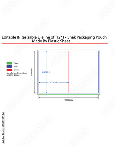 Rectangular packaging pouch dieline template with measurement dimensions