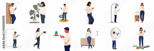 Illustration set showing people controlling various smart home devices, including heating and lighting, through mobile applications on their smartphones.