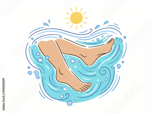 Swimmer's feet dipping into the water in bright sunlight, illustration