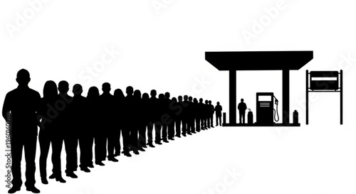 Long queue of people silhouettes waiting at a gas station with a fuel pump, illustrating fuel shortages, high prices, or energy crisis.