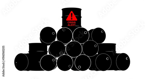 Stack of black oil barrels with a red 'Crisis Alert' warning sign, symbolizing oil shortage, market instability, or energy crisis.