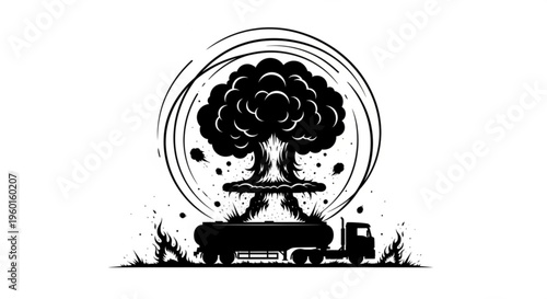 Silhouette of a tanker truck with a mushroom cloud explosion, symbolizing the dangers of fuel transport and potential accidents.