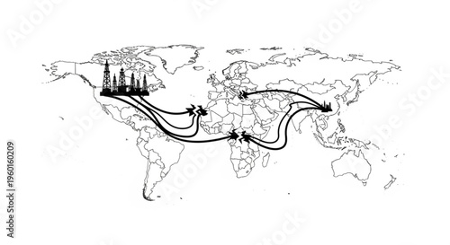 World map showing oil rigs in North America with arrows indicating global distribution to Europe and Asia.