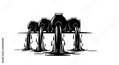 Black silhouette of industrial storage tanks with oil pouring out, symbolizing pollution or a spill.