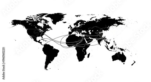 World map silhouette with interconnected lines showing global trade routes and shipping lanes.