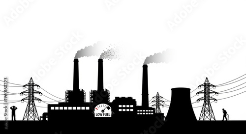 Silhouette of a power plant with smoking chimneys and a 'low fuel' gauge, symbolizing energy crisis.
