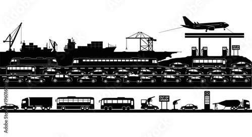 Silhouette of a busy transportation hub with cars, trucks, buses, trains, ships, and an airplane, illustrating traffic congestion and logistics.