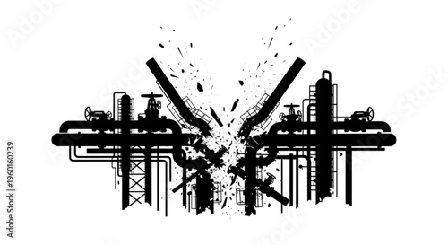 Industrial factory pipes exploding with debris flying out, symbolizing industrial accident or pollution in black and white.