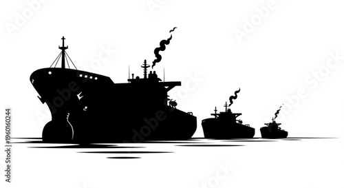 Silhouette of a large cargo ship and smaller vessels sailing on the water, representing maritime transport and logistics.