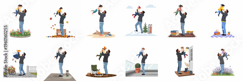 A series of illustrations showing a father lifting his young daughter in the air across various seasonal and outdoor settings throughout the year.
