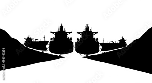 Symmetrical silhouette of large oil tankers moored in a narrow channel between two land masses, conveying transport and logistics.