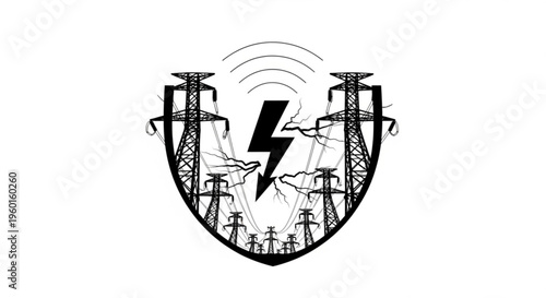 Electric power transmission towers and lightning bolt symbol within a shield, representing energy, power, electricity, and electrical grid infrastructure.