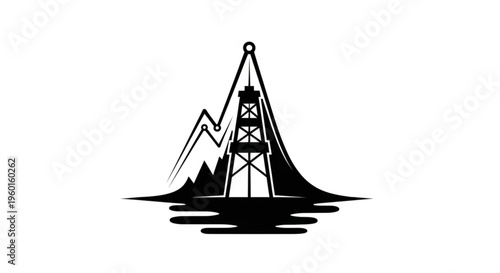 Silhouette of an oil rig on a mountain with a graph line, symbolizing energy industry and resource extraction.