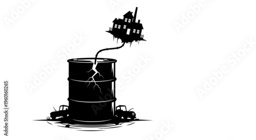Cracked oil barrel with a house on a floating island, symbolizing pollution, environmental damage, and housing crisis.