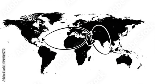 World map with curved arrows showing global travel or trade routes between North America, Europe, and Asia, indicating movement.