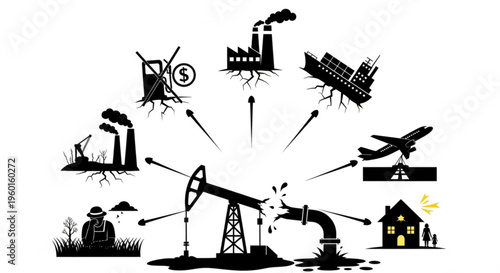 Oil pump jack with a broken pipe spewing oil, surrounded by icons representing industrial and environmental impacts and consequences.