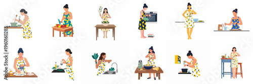 Illustrations of a woman in a lemon-print dress engaged in diverse kitchen activities like cooking, baking, chopping, and preparing healthy meals at home.