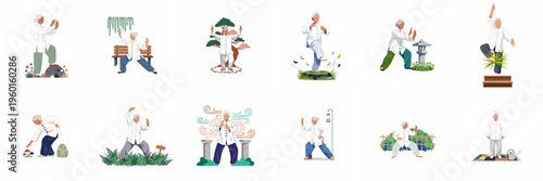 Collection of flat vector illustrations featuring elderly people practicing Tai Chi and meditation in nature for health and wellness.
