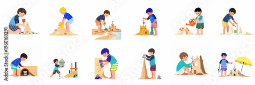Vector illustration set of young boys playing in the sand, building sandcastles, and enjoying creative summer activities at the beach.