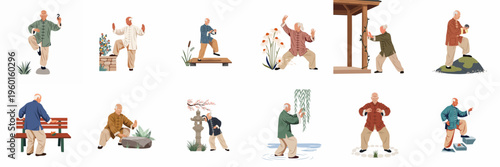 Vector illustration set of an elderly man practicing Tai Chi and traditional martial arts in various peaceful outdoor garden and park settings.