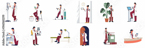 Collection of modern doctors and medical professionals in various hospital settings using digital tablets and technology for healthcare services, flat vector illustration.