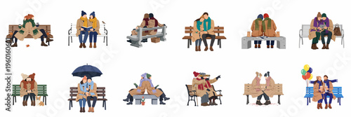 A collection of flat vector illustrations depicting diverse couples in warm winter clothing sitting on park benches and enjoying various outdoor activities.