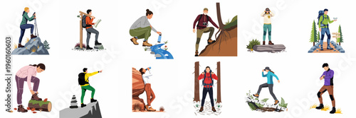 Collection of flat vector illustrations of diverse people engaged in hiking, trekking, and outdoor adventure activities in nature.