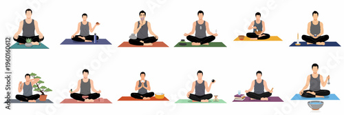 A collection of illustrations depicting a man in various meditation, yoga, and mindfulness practices with different wellness tools and objects on mats.