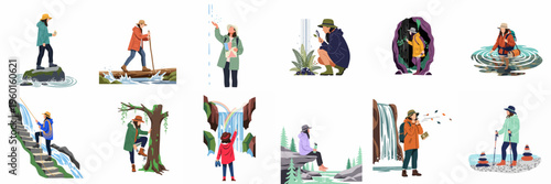 Set of flat vector illustrations featuring women adventurers exploring nature, hiking, climbing, and discovering wilderness landscapes like waterfalls, caves, and forests.