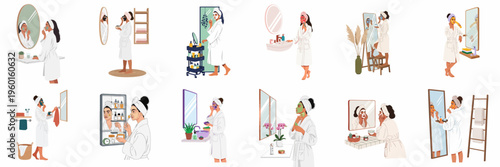 Collection of illustrations featuring women in white robes performing various skincare routines and facial treatments in a bathroom setting.