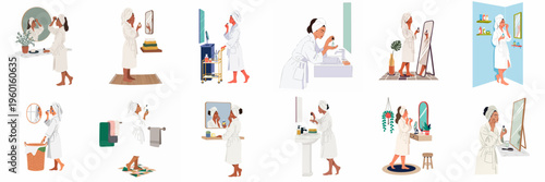 Set of illustrations showing diverse women in bathrobes performing their daily skincare routines with serum bottles in various bathroom settings.