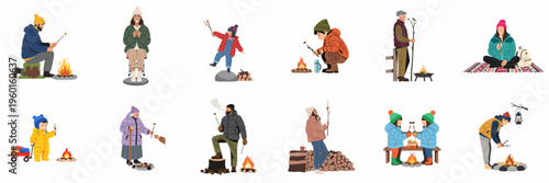 Vector illustration set of diverse people in winter clothing roasting marshmallows over campfires in an outdoor setting.