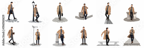 Set of minimalist flat vector illustrations featuring a stylish man in a beige trench coat engaged in various urban daily activities.
