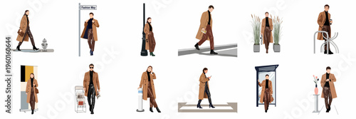 Collection of vector illustrations featuring fashionable men and women in stylish trench coats and leather pants in various urban settings.