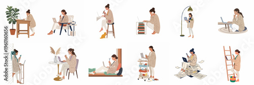 Set of illustrations depicting a woman working remotely from home in various comfortable and creative settings, using a laptop and phone.