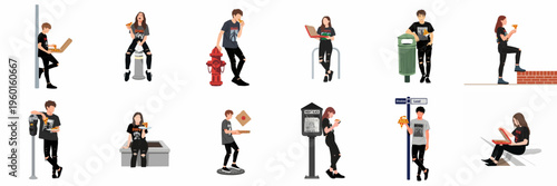 Flat illustration set of young people in urban settings eating pizza, featuring trendy black clothing and streetwear style.