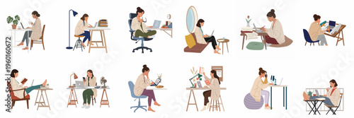 Comprehensive set of flat vector illustrations depicting a woman working from home in various comfortable and productive remote office environments.