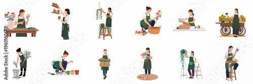 Set of flat vector illustrations of diverse women working as professional florists and gardeners, engaged in various plant care and flower shop activities.