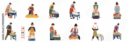 Collection of Diverse People Making Pottery, Sculpting Clay, and Painting Ceramic Vessels in a Creative Workshop Environment