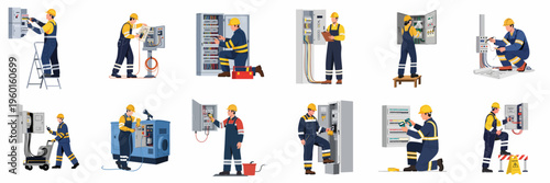 Flat illustration set of professional electricians performing maintenance, repair, and installation tasks on electrical panels and industrial equipment.