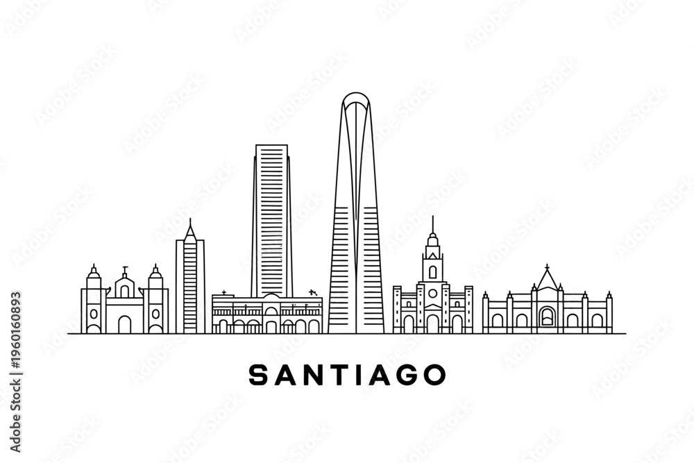Fototapeta premium Santiago city skyline with modern and historic buildings illustration urban landscape