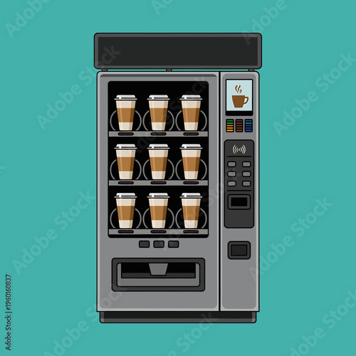 Gray vending machine with coffee cups on teal background