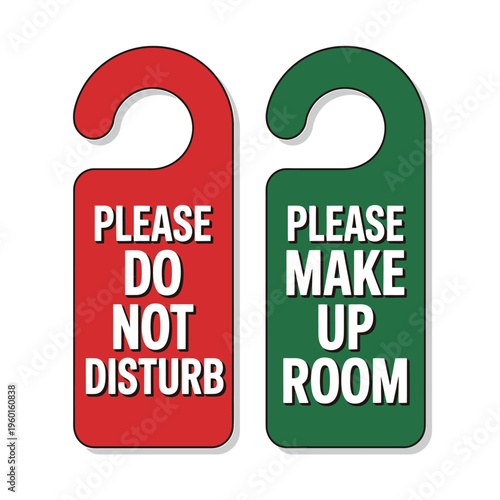 Red and green door hangers for hotel room service instructions