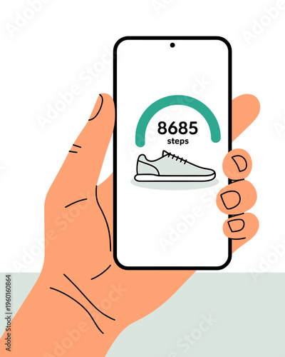 Hand holding smartphone with fitness app on screen showing steps taken today