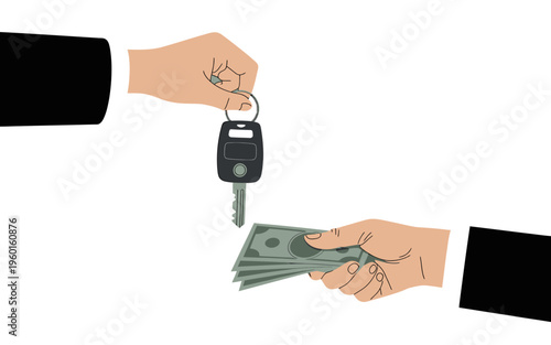 Two hands exchanging car key and money for purchase transaction