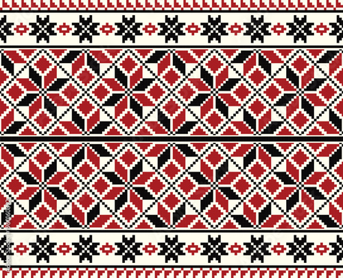 Traditional Slavic Flower Border Vector. This pixel-art design uses a classic red and black color palette on a cream-colored ribbon, perfect for traditional clothing trims, national costume decoration