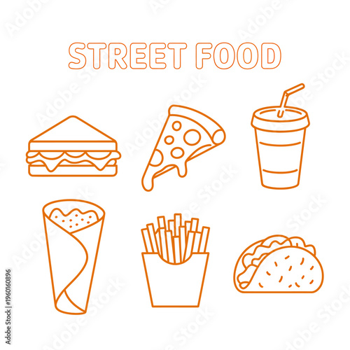 Street food icons including burger pizza drink shawarma fries taco