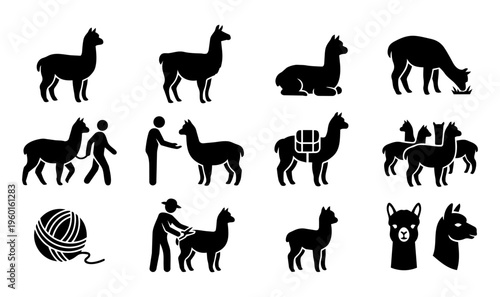 Alpaca and Llama Silhouette Icons – Farm Animals, Trekking and Wool Farming Set
