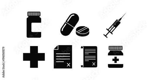 Vector illustration of set of medical and pharmacy icons, medicine bottles, pills and syringe