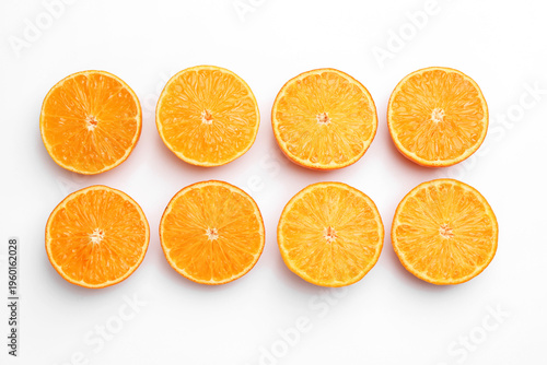 Fresh juicy tangerines on white background, flat lay